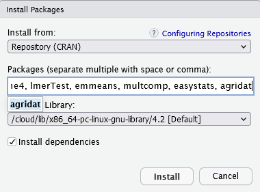 RStudio package installation dialog